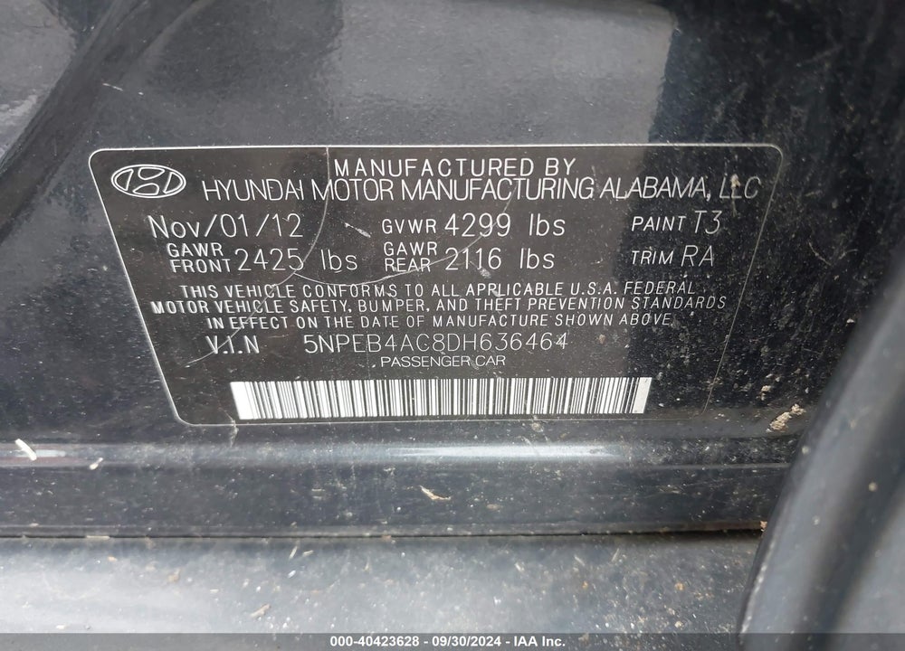 2013 HYUNDAI SONATA GLS VIN: 5NPEB4AC8DH636464