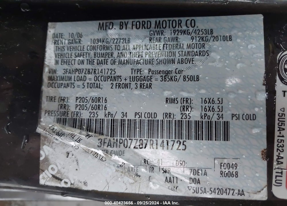 2007 FORD FUSION SE VIN: 3FAHP07Z87R141725
