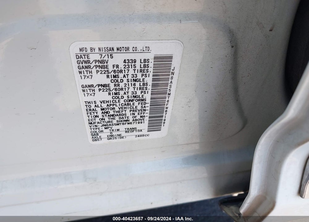 2015 NISSAN ROGUE SELECT S VIN: JN8AS5MT6FW671991