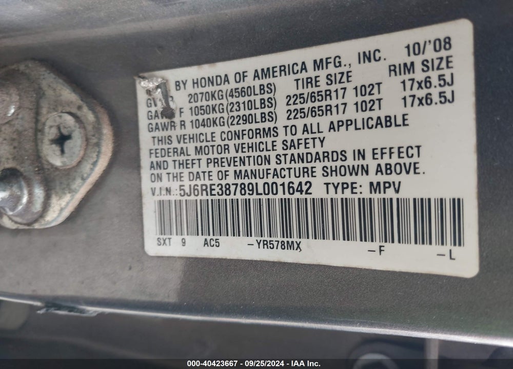 2009 HONDA CR-V EX-L VIN: 5J6RE38789L001642