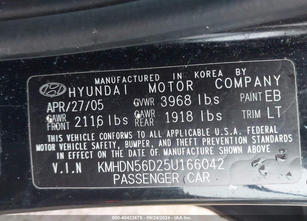 2005 HYUNDAI ELANTRA GLS/GT VIN: KMHDN56D25U166042