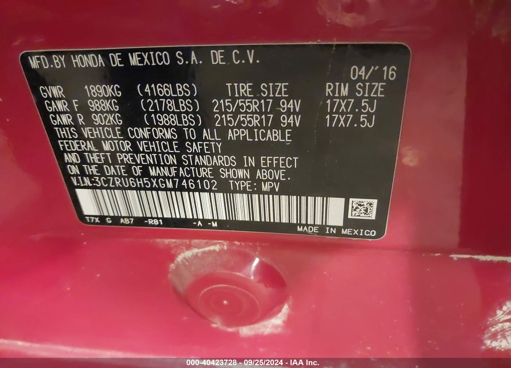 2016 HONDA HR-V EX VIN: 3CZRU6H5XGM746102