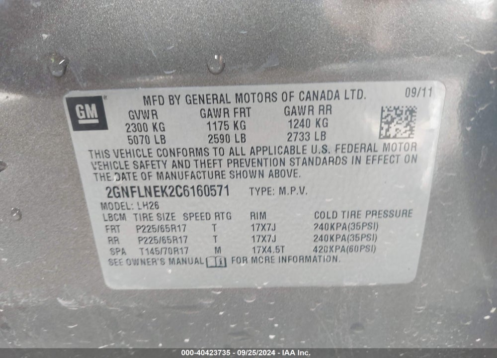 2012 CHEVROLET EQUINOX 2LT VIN: 2GNFLNEK2C6160571