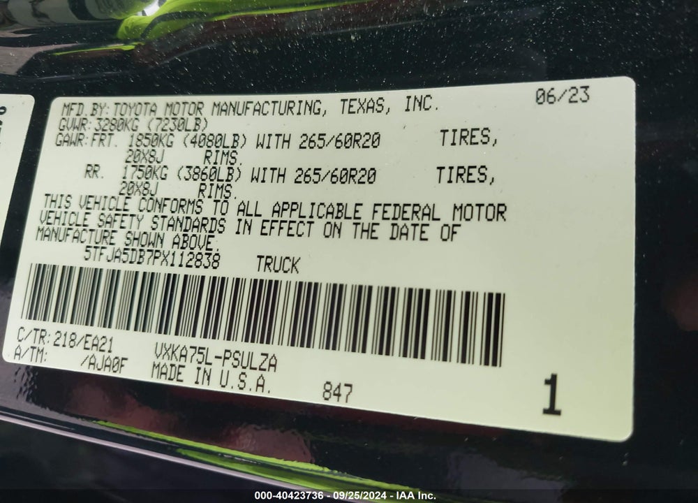 2023 TOYOTA TUNDRA LIMITED VIN: 5TFJA5DB7PX112838