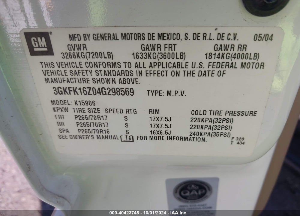 2004 GMC YUKON XL 1500 SLT VIN: 3GKFK16Z04G298569