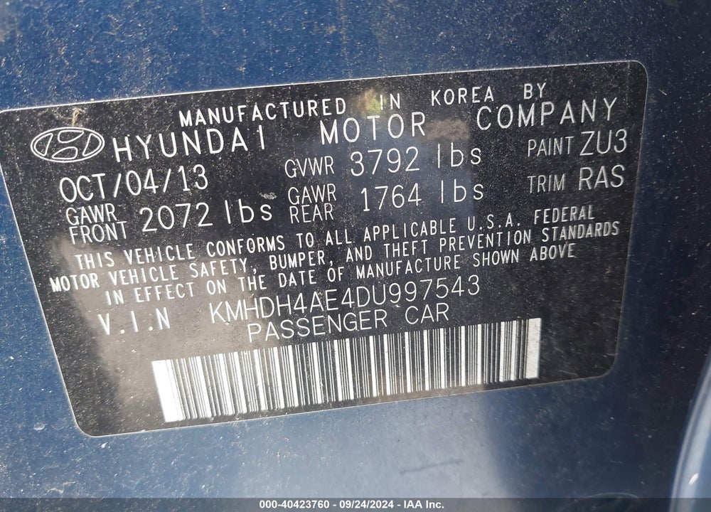 2013 HYUNDAI ELANTRA LIMITED VIN: KMHDH4AE4DU997543