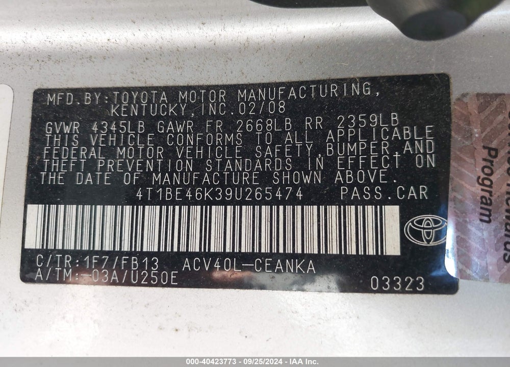 2009 TOYOTA CAMRY LE VIN: 4T1BE46K39U265474