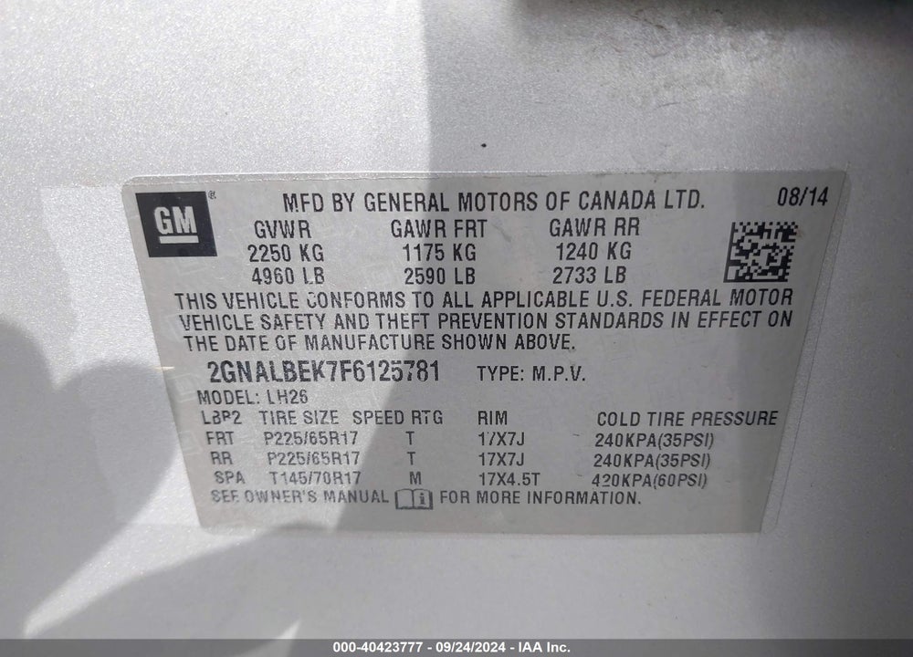 2015 CHEVROLET EQUINOX 1LT VIN: 2GNALBEK7F6125781