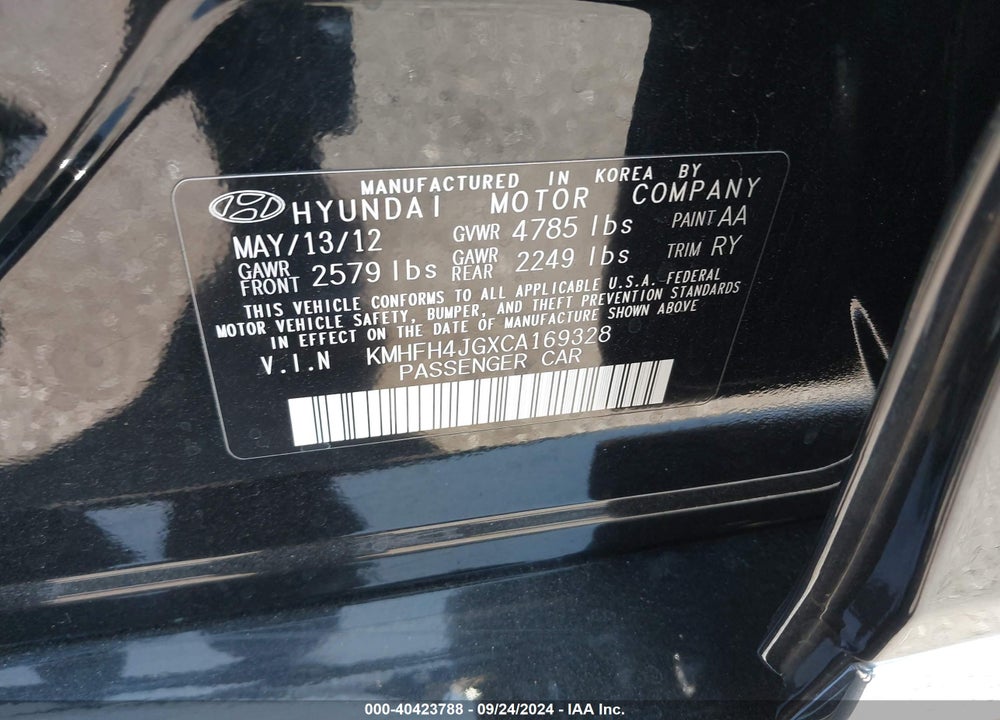2012 HYUNDAI AZERA VIN: KMHFH4JGXCA169328