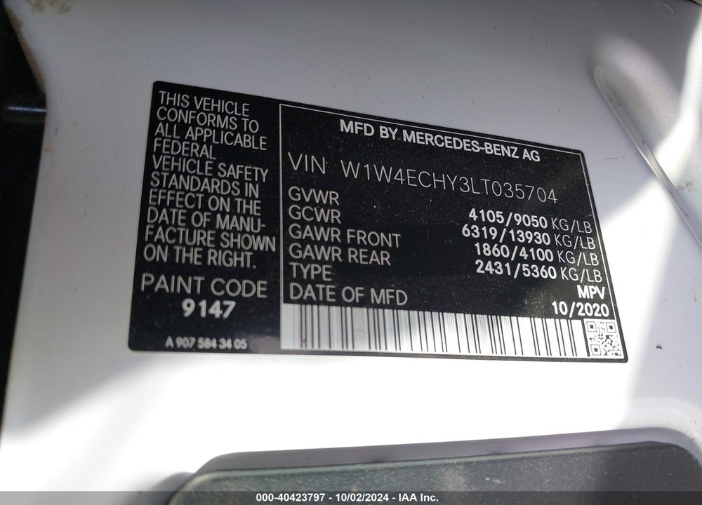 2020 MERCEDES-BENZ SPRINTER 2500 HIGH ROOF V6 VIN: W1W4ECHY3LT035704