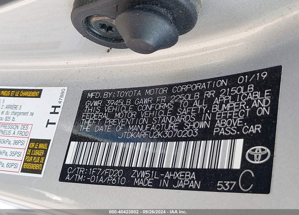 2019 TOYOTA PRIUS LE VIN: JTDKARFU2K3070203