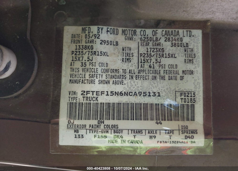 1992 FORD F150 VIN: 2FTEF15N6NCA95131