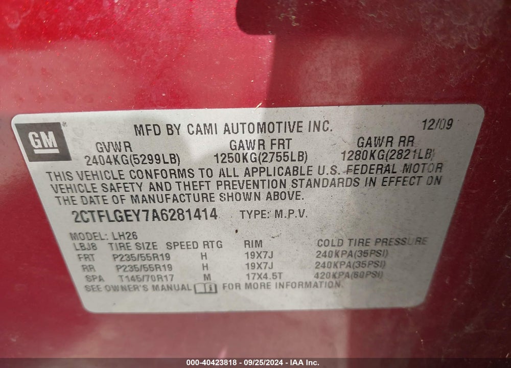 2010 GMC TERRAIN SLT-1 VIN: 2CTFLGEY7A6281414