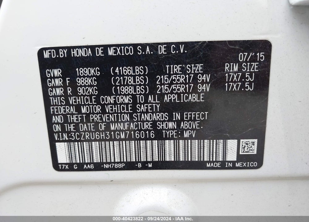 2016 HONDA HR-V LX VIN: 3CZRU6H31GM716016