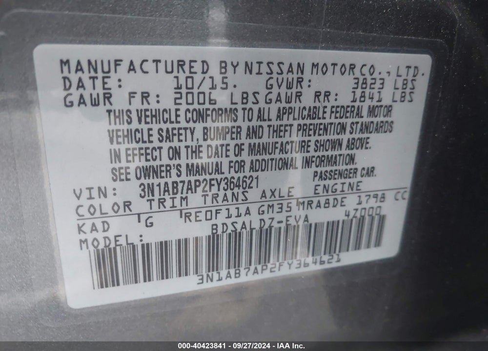 2015 NISSAN SENTRA SV VIN: 3N1AB7AP2FY364621