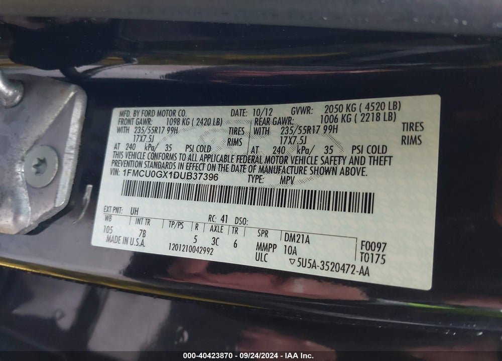 2013 FORD ESCAPE SE VIN: 1FMCU0GX1DUB37396