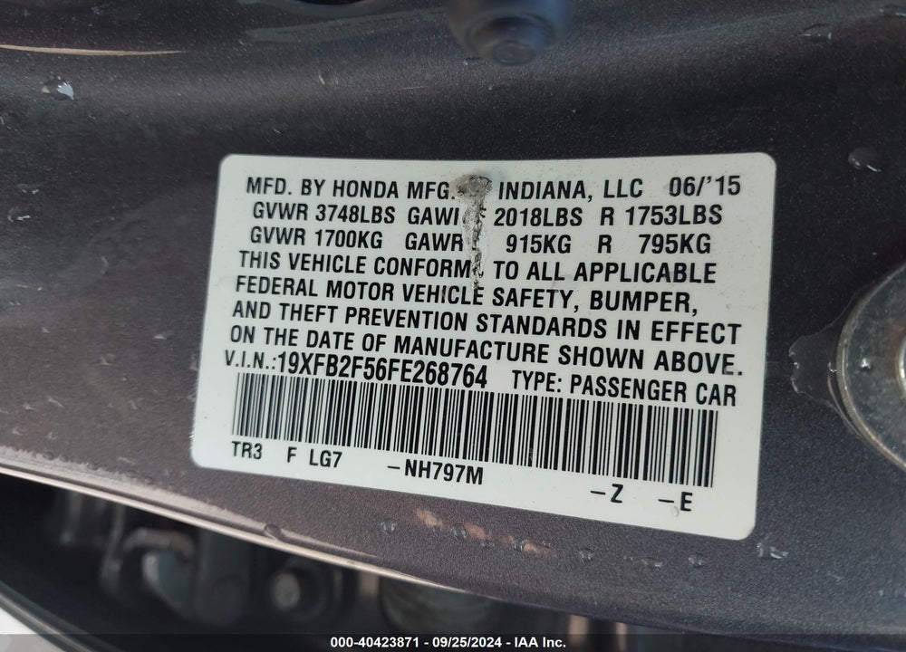 2015 HONDA CIVIC LX VIN: 19XFB2F56FE268764