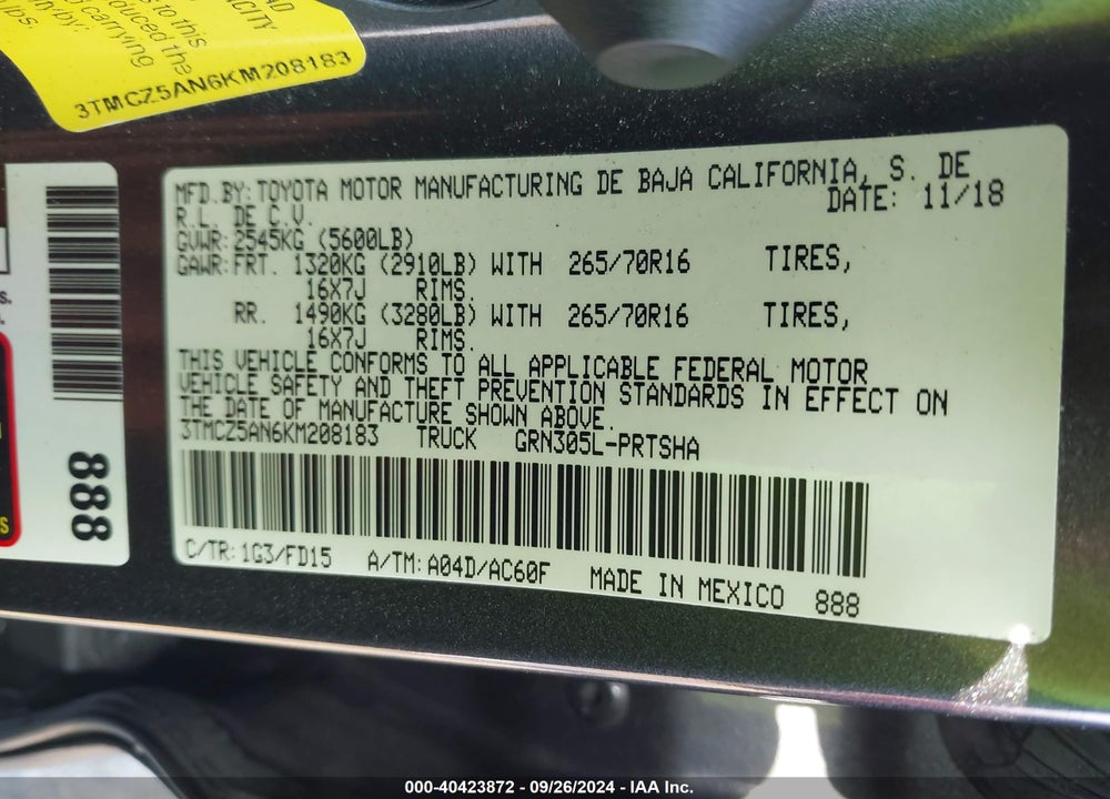 2019 TOYOTA TACOMA TRD OFF ROAD VIN: 3TMCZ5AN6KM208183
