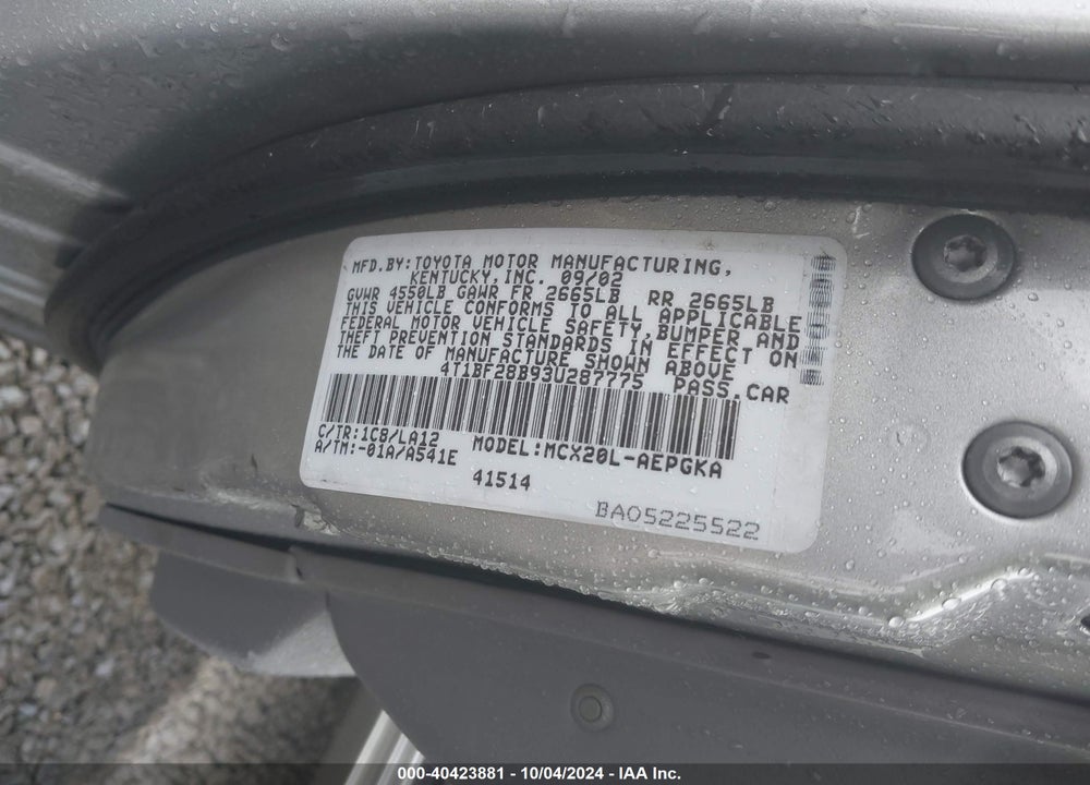 2003 TOYOTA AVALON XLS VIN: 4T1BF28B93U287775