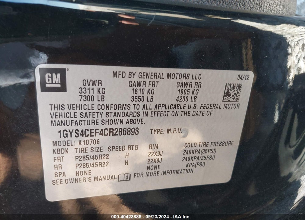 2012 CADILLAC ESCALADE PREMIUM VIN: 1GYS4CEF4CR286893