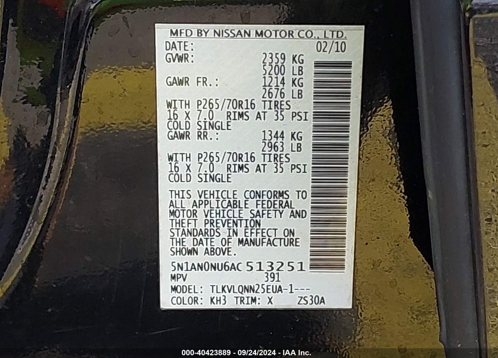 2010 NISSAN XTERRA X VIN: 5N1AN0NU6AC513251