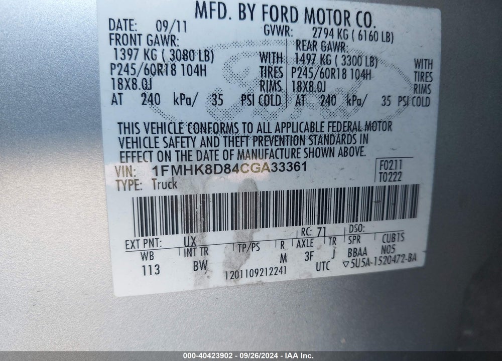 2012 FORD EXPLORER XLT VIN: 1FMHK8D84CGA33361