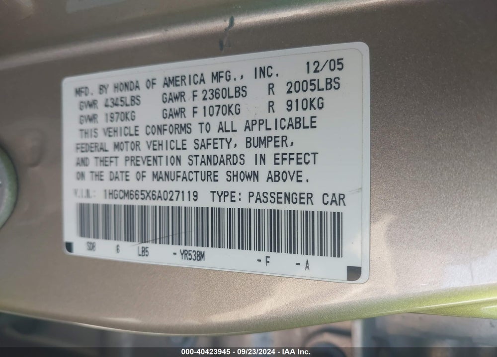2006 HONDA ACCORD 3.0 EX VIN: 1HGCM665X6A027119