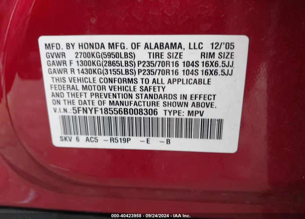 2006 HONDA PILOT EX-L VIN: 5FNYF18556B008306