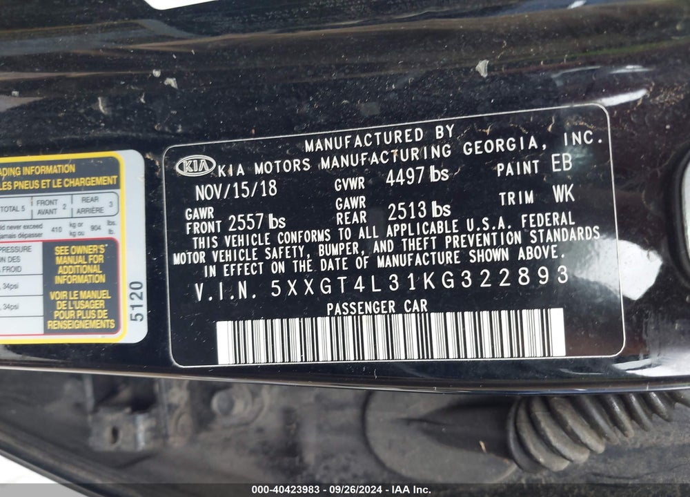 2019 KIA OPTIMA LX VIN: 5XXGT4L31KG322893