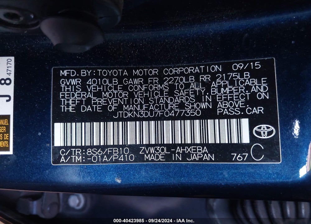 2015 TOYOTA PRIUS TWO VIN: JTDKN3DU7F0477350
