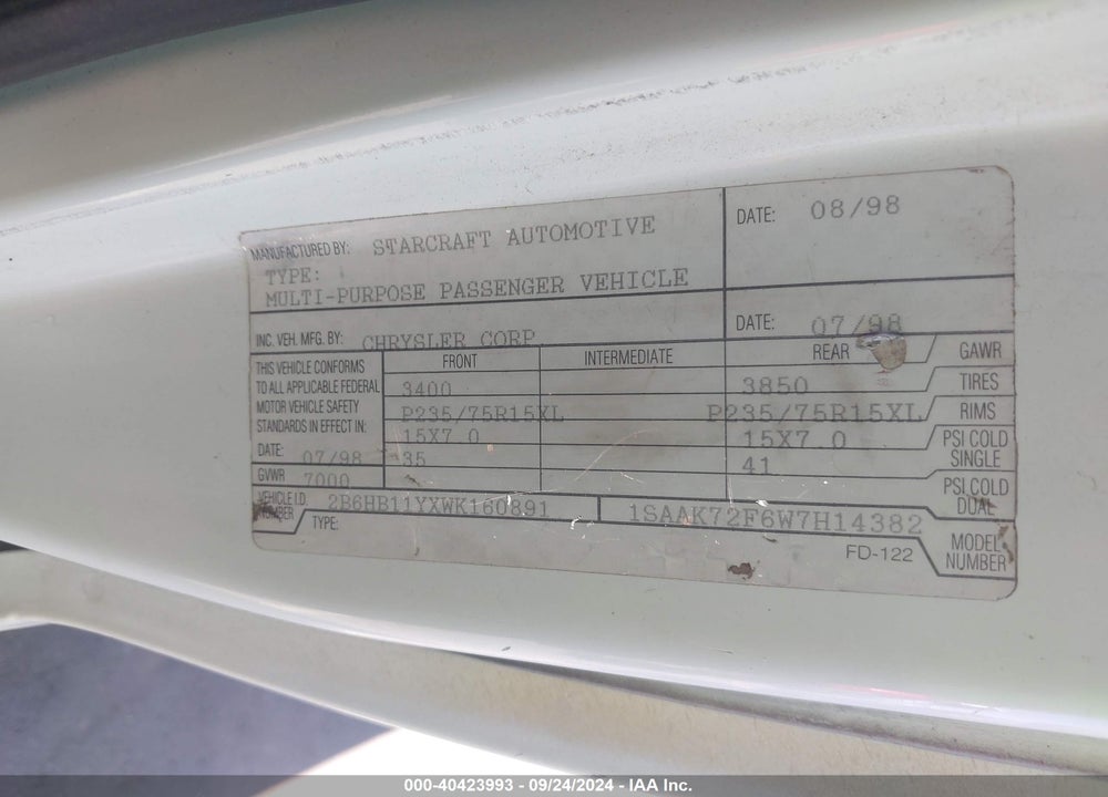 1998 DODGE RAM VAN 1500 COMMERCIAL/CONVERSION VIN: 2B6HB11YXWK160891