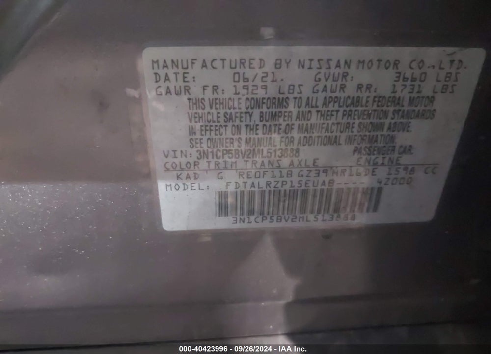 2021 NISSAN KICKS S XTRONIC CVT VIN: 3N1CP5BV2ML513888