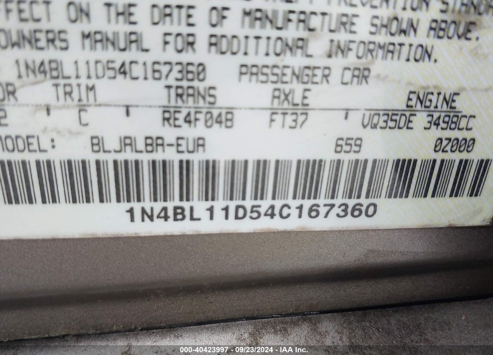 2004 NISSAN ALTIMA 3.5 SE VIN: 1N4BL11D54C167360