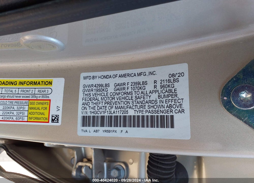 2020 HONDA ACCORD LX VIN: 1HGCV1F13LA117205