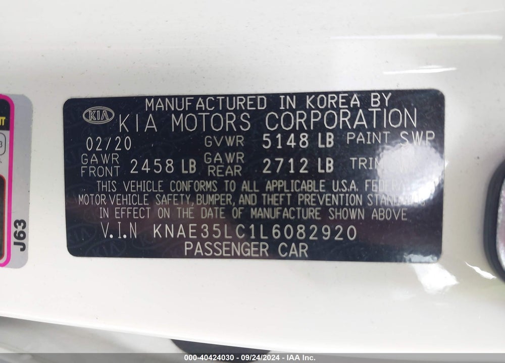 2020 KIA STINGER VIN: KNAE35LC1L6082920