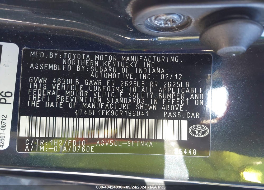 2012 TOYOTA CAMRY LE VIN: 4T4BF1FK9CR196041