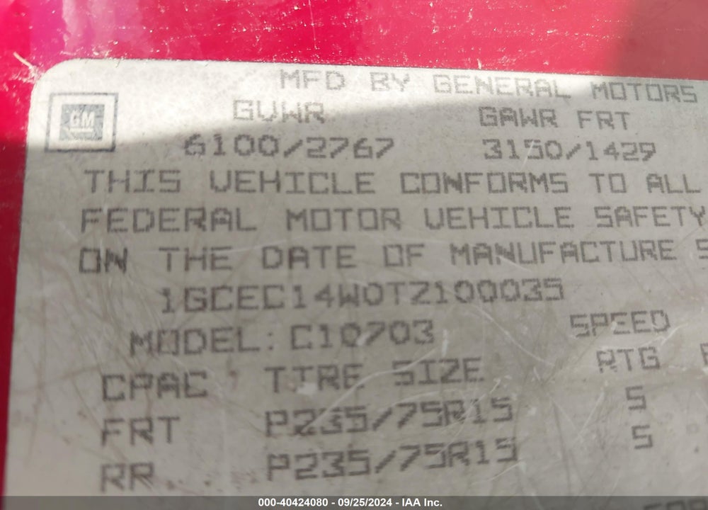 1996 CHEVROLET GMT-400 C1500 VIN: 1GCEC14W0TZ100035