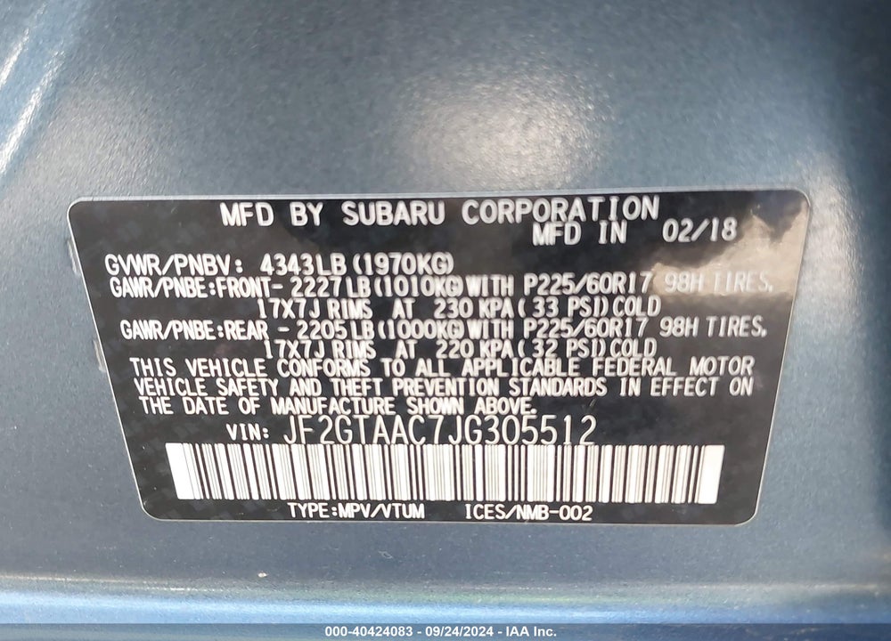 2018 SUBARU CROSSTREK 2.0I VIN: JF2GTAAC7JG305512