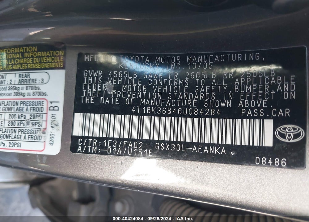 2006 TOYOTA AVALON XL VIN: 4T1BK36B46U084284
