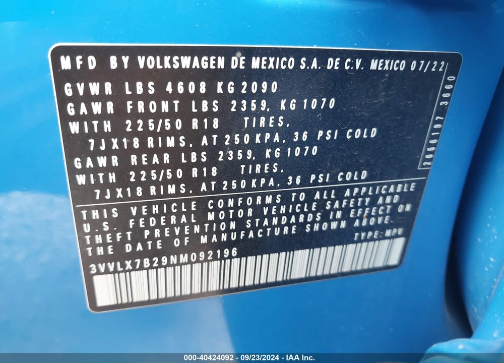 2022 VOLKSWAGEN TAOS 1.5T SE VIN: 3VVLX7B29NM092196
