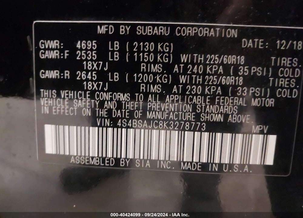 2019 SUBARU OUTBACK 2.5I LIMITED VIN: 4S4BSAJC8K3278773
