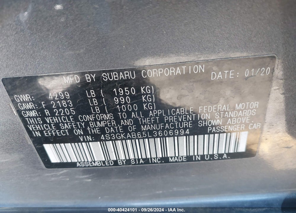2020 SUBARU IMPREZA SEDAN VIN: 4S3GKAB65L3606994