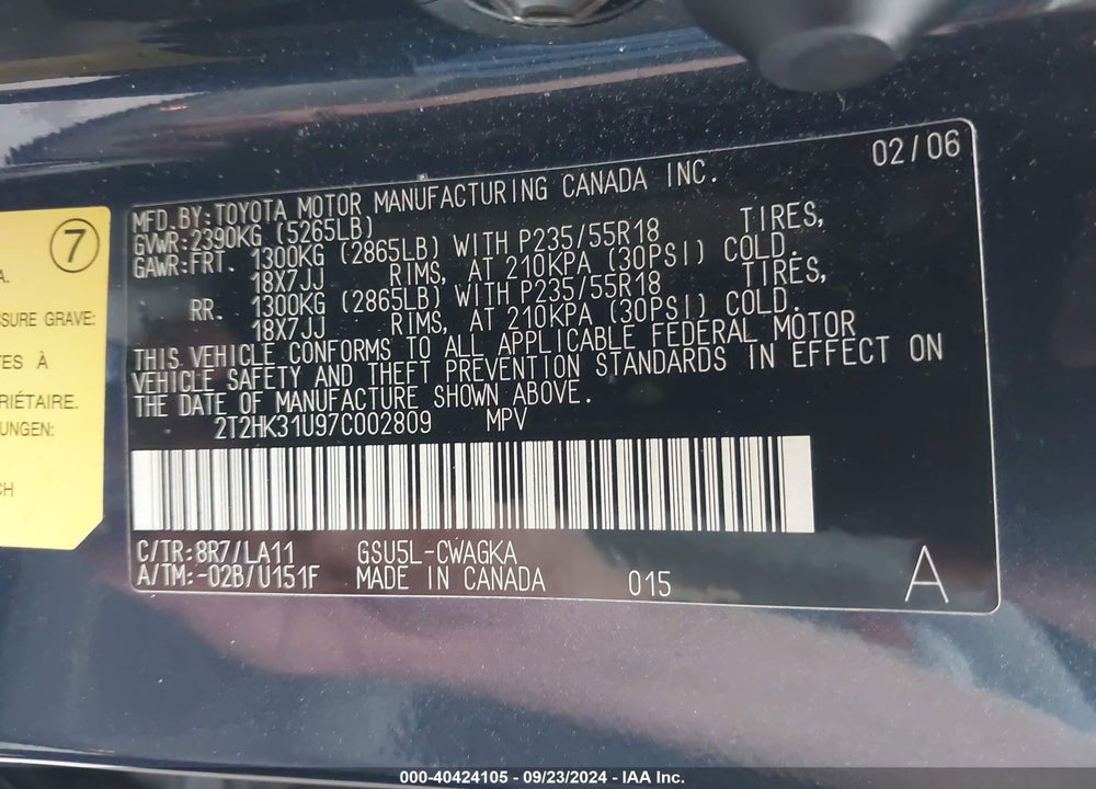 2007 LEXUS RX 350 VIN: 2T2HK31U97C002809