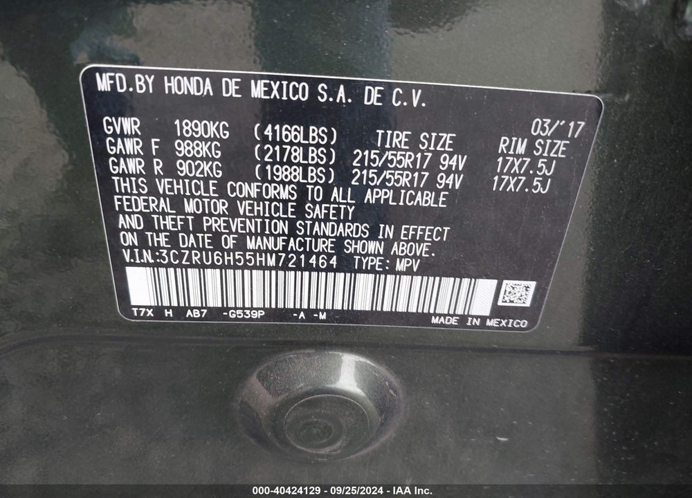 2017 HONDA HR-V EX VIN: 3CZRU6H55HM721464
