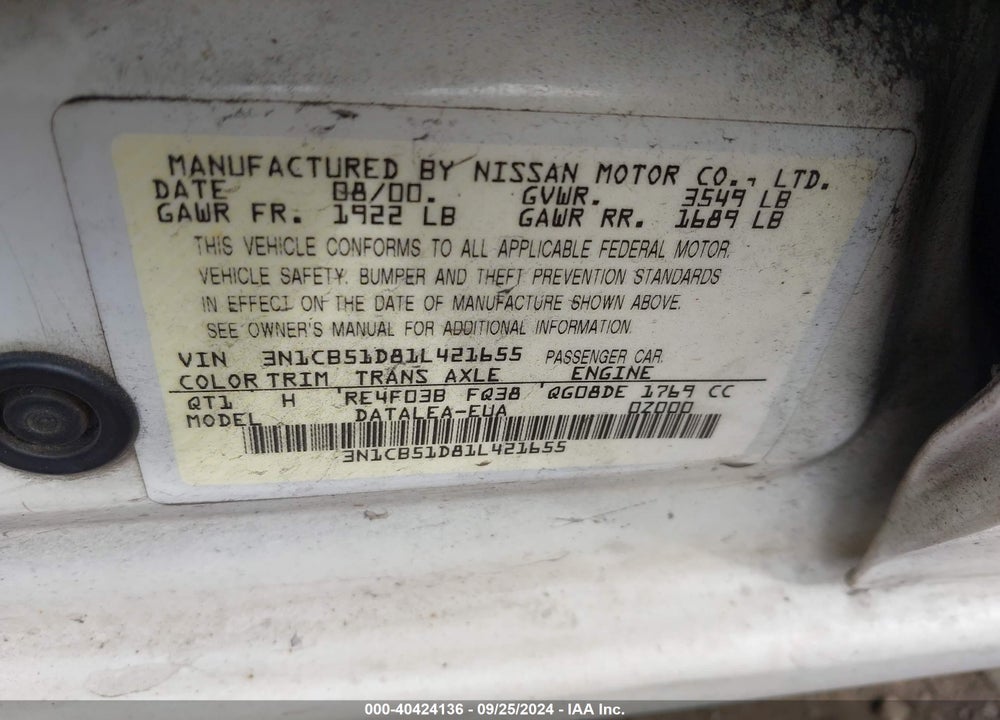 2001 NISSAN SENTRA GXE VIN: 3N1CB51D81L421655