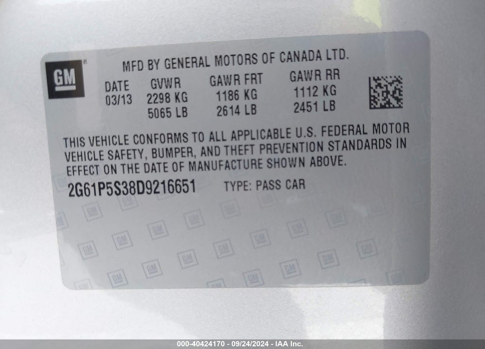 2013 CADILLAC XTS LUXURY VIN: 2G61P5S38D9216651