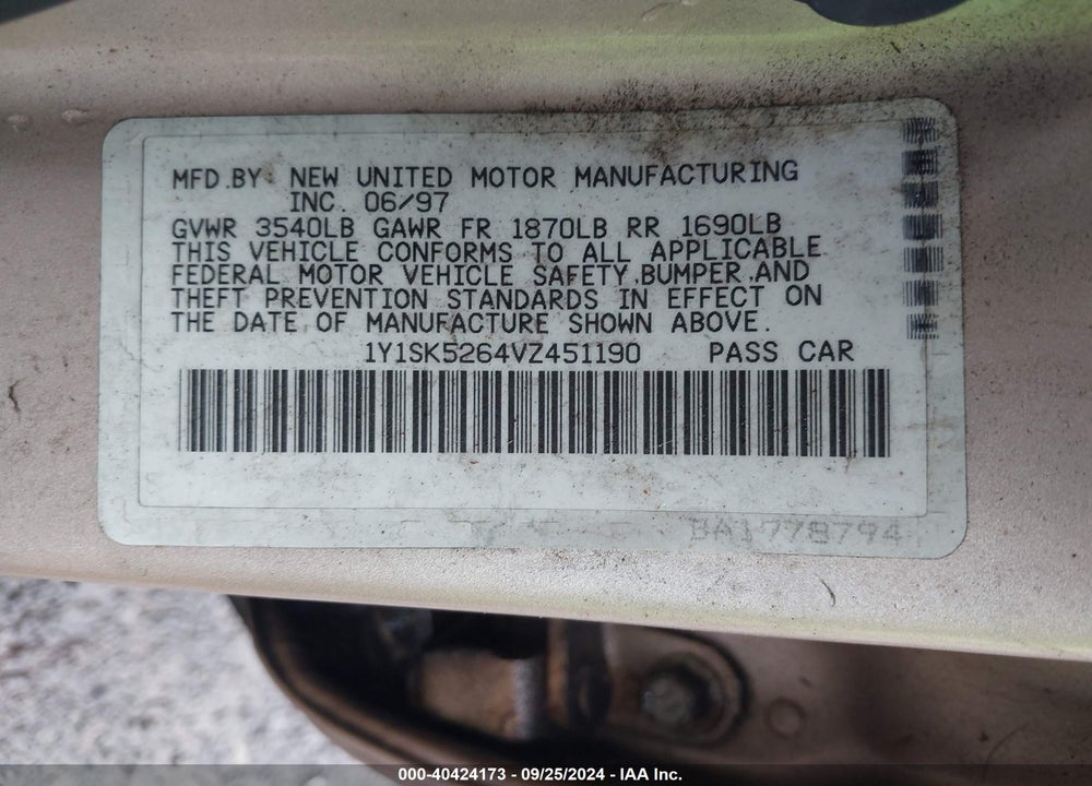 1997 GEO PRIZM LSI VIN: TY1SK5264VZ451190