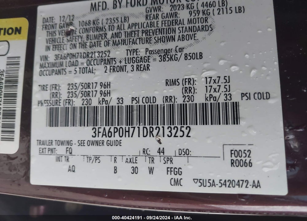 2013 FORD FUSION SE VIN: 3FA6P0H71DR213252