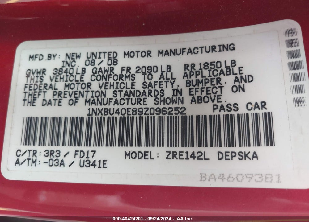 2009 TOYOTA COROLLA S VIN: 1NXBU40E89Z096252