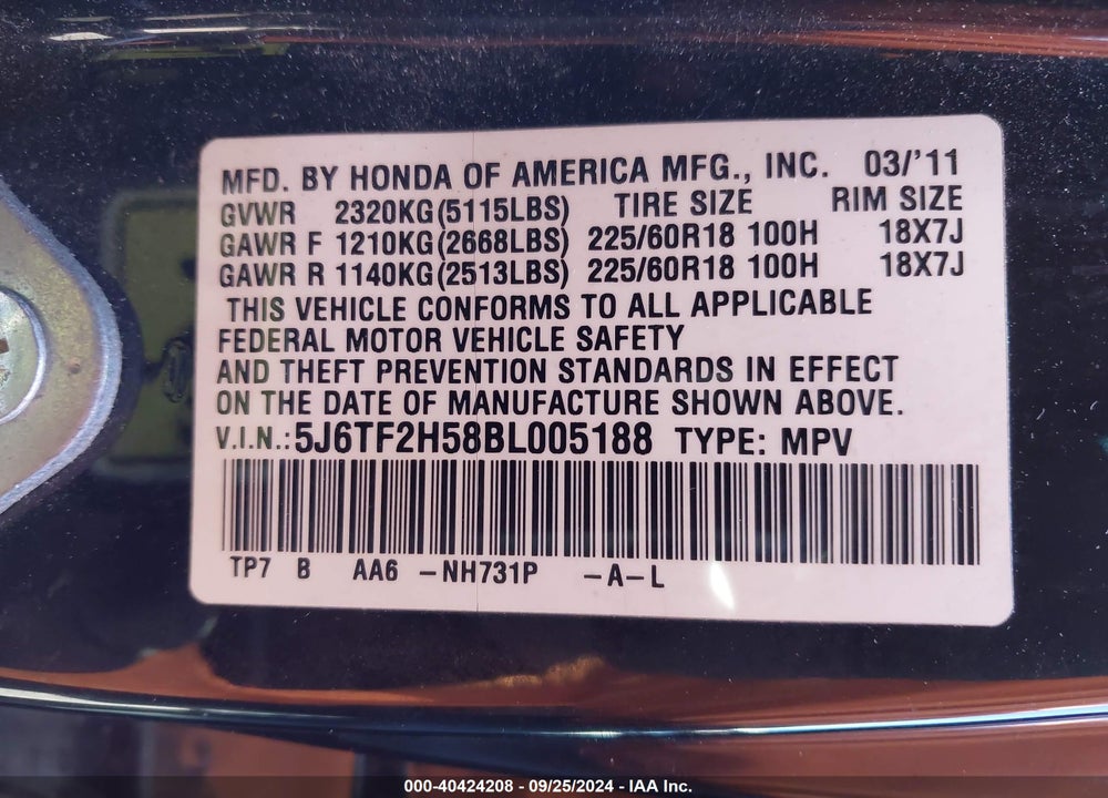 2011 HONDA ACCORD CROSSTOUR EX-L VIN: 5J6TF2H58BL005188